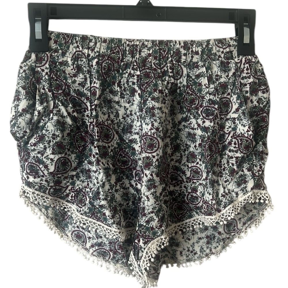 POL Paisley Pom Pom Shorts Womens Small Boho Pull On Floral Pockets